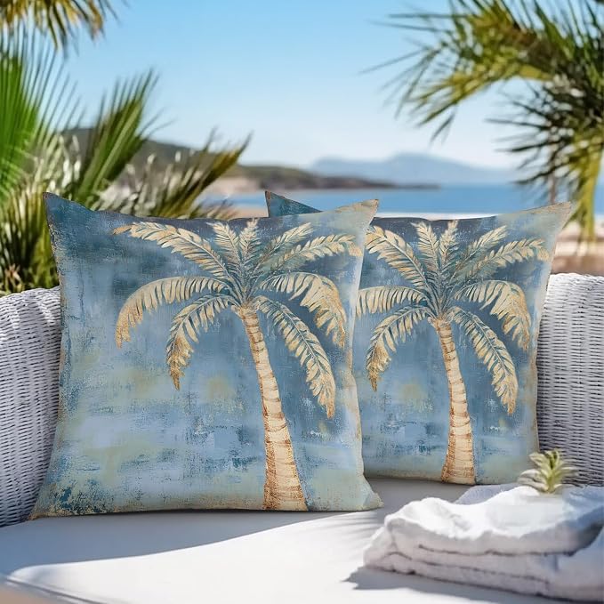 Coastal Beach Tree Blue Brown Outdoor Waterproof Pillow Covers, Vintage Summer Palm Tree Decorative Square Throw Pillowcase, Tropical Botanical Sofa Cushion Sham for Patio/Couch/Chair, 18"x18" 2 Pack
