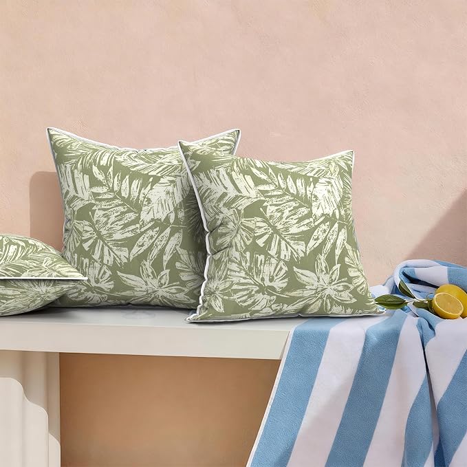 Outdoor Throw Pillows Inners, Fade Resistant Patio Furniture Square Pillows with Piping Set of 2 for Patio Furniture, 18x18 Inch, Tropical Leaf Green