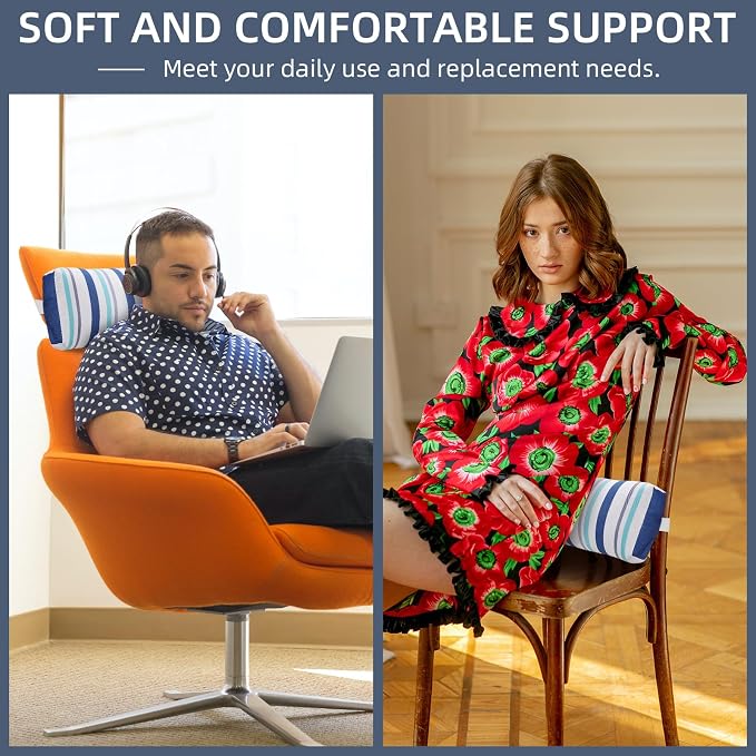 Headrest Pillow for Patio Chaise Lounge Chair, 2 Pcs Outdoor Chaise Pillows with Adjustable Elastic Stripe Head Resting Pillows for Recliner Office Chair, Blue White Stripe