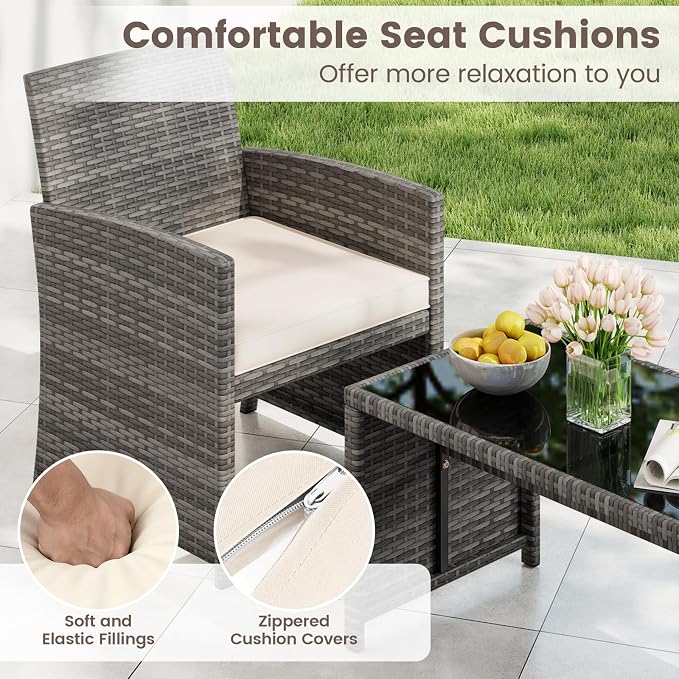 HAPPYGRILL 4 Piece Rattan Wicker Patio Conversation Set, Outdoor Furniture with Chair Loveseat Table & Cushion, for Backyard Porch Balcony (1, Off White)