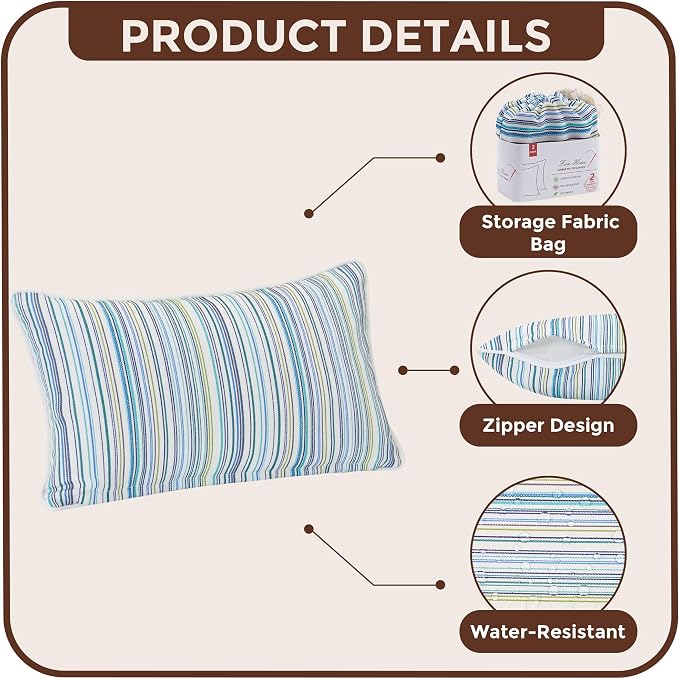 FUNHOME Outdoor Lumbar Pillow Covers 12X20 Inch, No Insert-Blue Stripe | Patio Lumbar Cases Pack of 2, Water-Repellent, Throw Pillowcase for Couch Garden Furniture