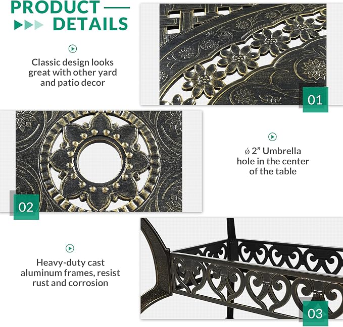 VIVIJASON Outdoor Patio Dining Rectangle Table Bronze Cast Aluminum Rustic Large Patio Table with Umbrella Hole