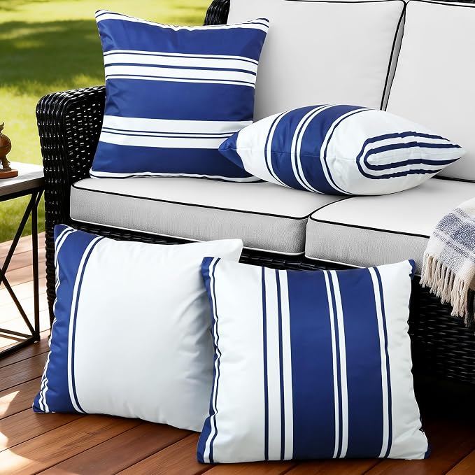 4 Pack Outdoor Waterproof Throw Pillow Covers 18x18 Inch | Striped Navy Blue Decorative Pillow Cover, Modern Outdoor Cushion Cases for Garden Patio Balcony Bench Couch Sofa