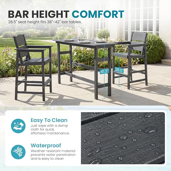 Outdoor Bar Table Set 3 Piece, HDPE Patio Bar Height Furniture Set with 2 Chairs, Small Space Patio Furniture, Weather Resistant Balcony Bistro Set for Garden, Deck, Porch, Premium Grey