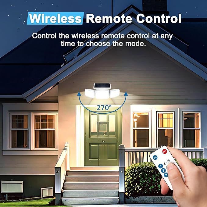 JEJOT White Solar Security Light Outdoor Super Bright LED, Motion Sensor Flood Light, 3 Heads 270° Wide Angle, Remote Control, IP65 Waterproof, 3 Modes (6 Packs)