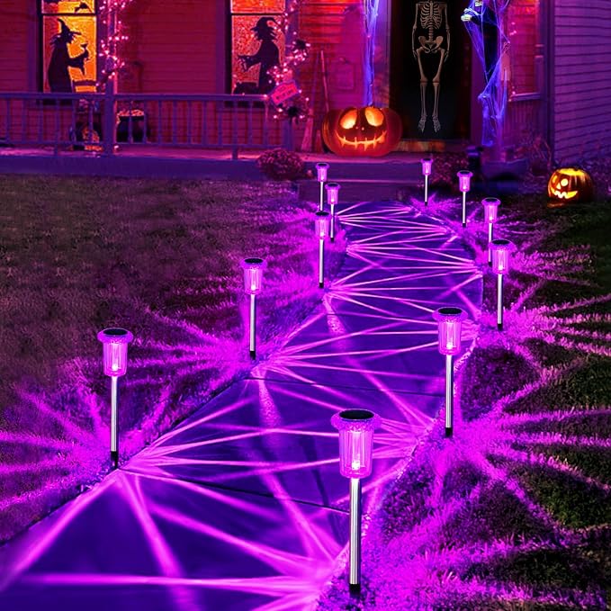 Halloween Solar Lights Outdoor 10 Pack LED Purple Pathway Lights | Waterproof Halloween Decorations Outdoor for Yard Garden Walkway Outside Driveway Landscape Path, Auto On/Off, Spike Pattern