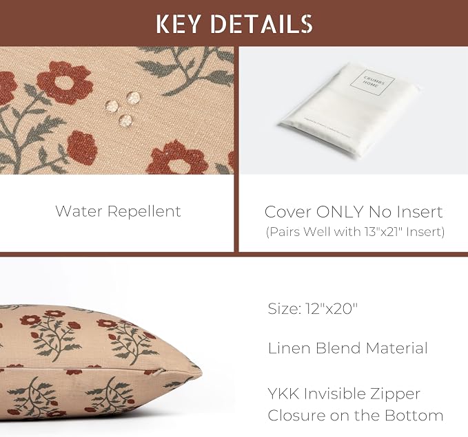 Modern Farmhouse California Casual Indoor Outdoor Lumbar Pillow Cover, 12"x20" Water Repellent for Patio, Backyard, Couch, Poolside, Rust Orange Green Print Block Painting Flowers