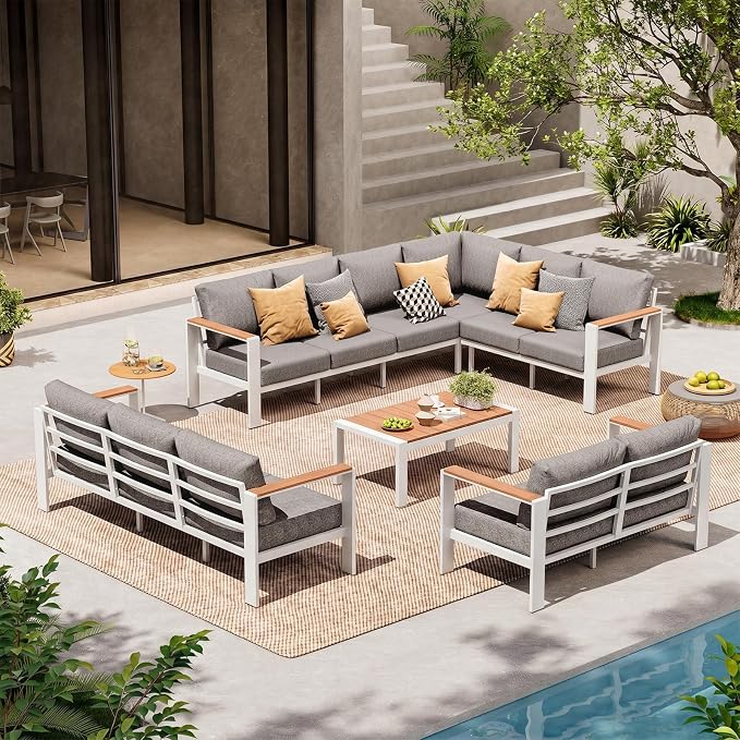 Aluminum Outdoor Patio Furniture Set 11 Seats, Outdoor Sectional Corner Sofa Set, Patio Conversation Sets with Washable Thick Cushions & Coffee Table for Porch, Yard, Garden, Deck, White