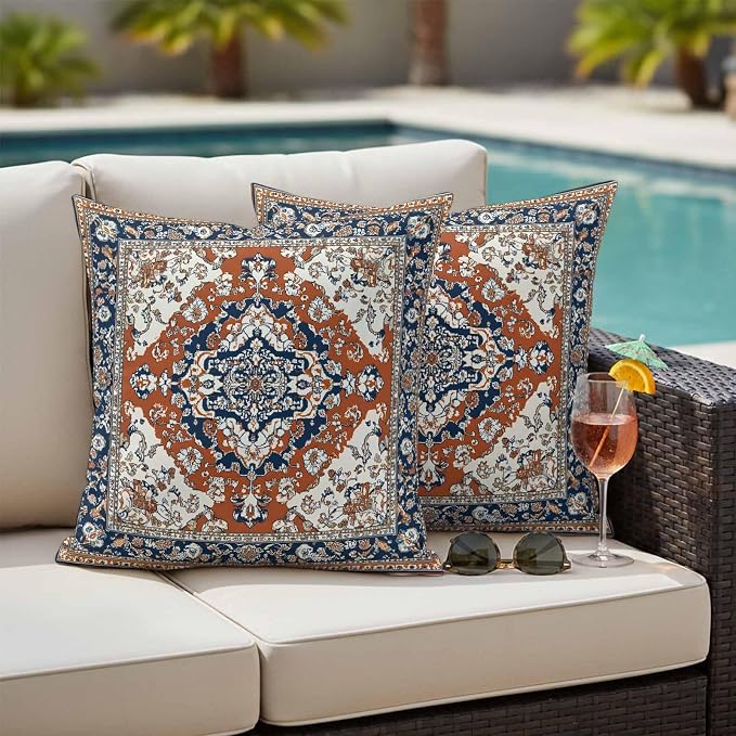Orange Blue Boho Southwestern Outdoor Pillow Covers 24x24 Inch Throw Pillow Covers Set of 2 Waterproof Decorative Pillow Cases Traditional Ethnic Classical Cushion Covers for Patio Furniture Garden