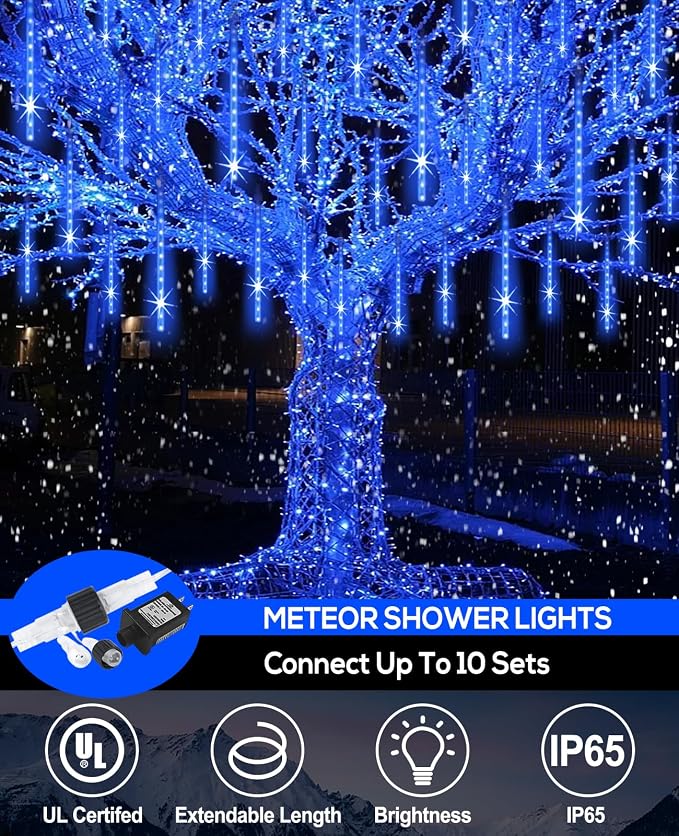 Meteor Shower Lights Outdoor Easter Lights UL Certified Falling Rain Drop Snowfall Icicle Cascading String Light for Xmas Holiday Tree Wedding Party Garden Decor Blue, 12 Inch 10 Tubes