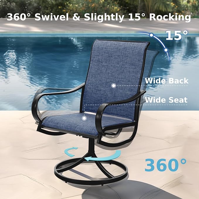 MFSTUDIO Outdoor Dining Set for 6, Patio Furniture Set with Navy Umbrella (Base not Included), Outdoor Rectangle Table and Navy Swivel Chairs Set for Patio, Deck, Backyard, Garden