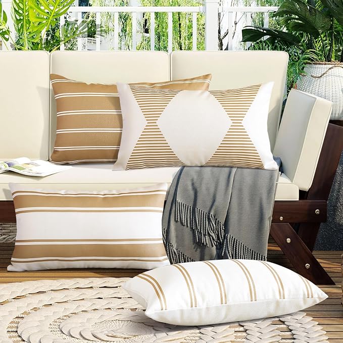 OTOSTAR Outdoor Decorative Pillow Covers Waterproof Garden Throw Pillow Covers 12x20 Inch Cushion Case Geometry Throw Pillowcases Pillows Shell for Patio Furniture Couch Tent Pack of 4 (Light Coffee)