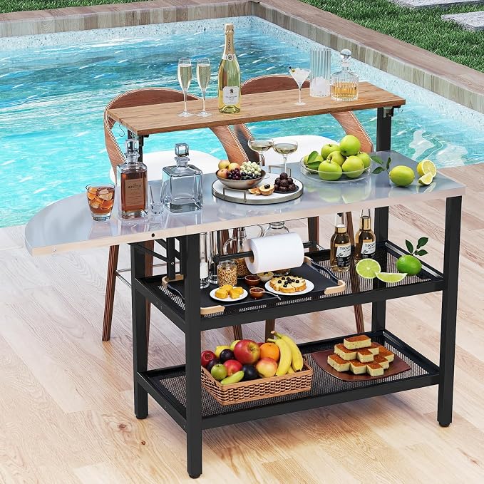 Giantex Outdoor Bar Table with Flip-Up Top & Foldable Side Table, 4-Tier Grill Stand with Storage Shelves, Hooks, Paper Towel Holder, Patio Kitchen Island Food Prep Cooking Station