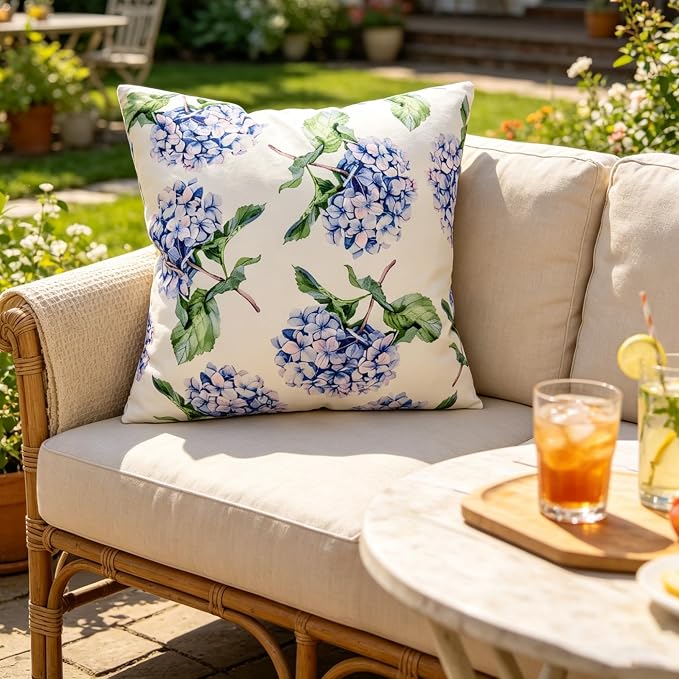 cygnus Summer Waterproof Outdoor Pillow Covers 18x18 Inch Blue Green Hydrangea Outdoor Pillows for Patio Furniture Garden Home Decor- Double Side,Fade Resist