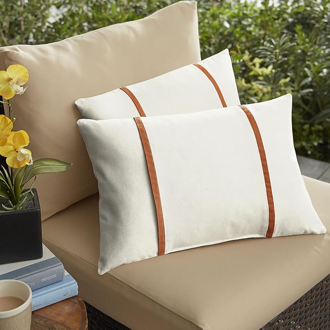 Sorra Home x Sunbrella - Indoor/Outdoor Lumbar Pillows (Set of 2), Canvas Natural Ivory & Rust Orange