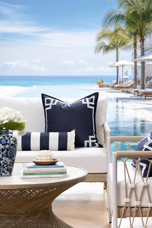 Hofdeco Premium Coastal Hampton Outdoor Performance Bolster Pillow Cover Only, 6"x20" Water Repellent, UV and Fade Resistant for Backyard, Couch, Poolside, Indigo Blue Woven Beach Stripes