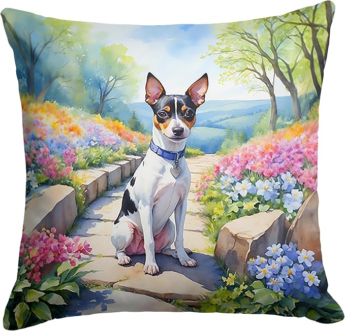 Caroline's Treasures Rat Terrier Spring Path Throw Pillow Machine Washable, Indoor Outdoor Decorative Pillow for Couch, Bed or Patio, 14Hx14W