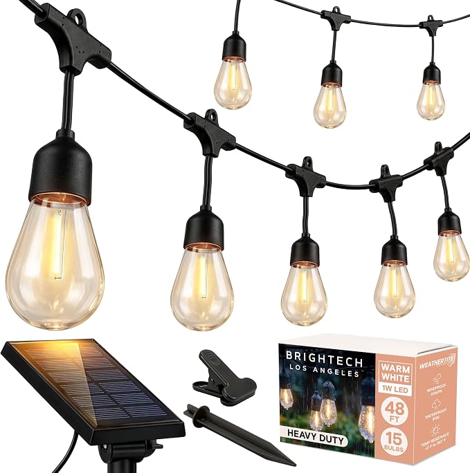 Brightech Ambience Pro Solar Powered Outdoor String Lights, 48 ft Commercial Grade Waterproof Patio Lights, Shatterproof LED String Lights for Outside, Porch - 15 Edison Bulbs, 1W Warm White