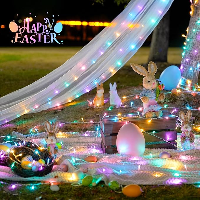 JMEXSUSS 33ft 100 LED Easter Lights for Indoor Outdoor Use | 8 Modes Connectable Easter String Lights Plug-in, Clear Wire Colorful Christmas String Lights Outdoor Waterproof