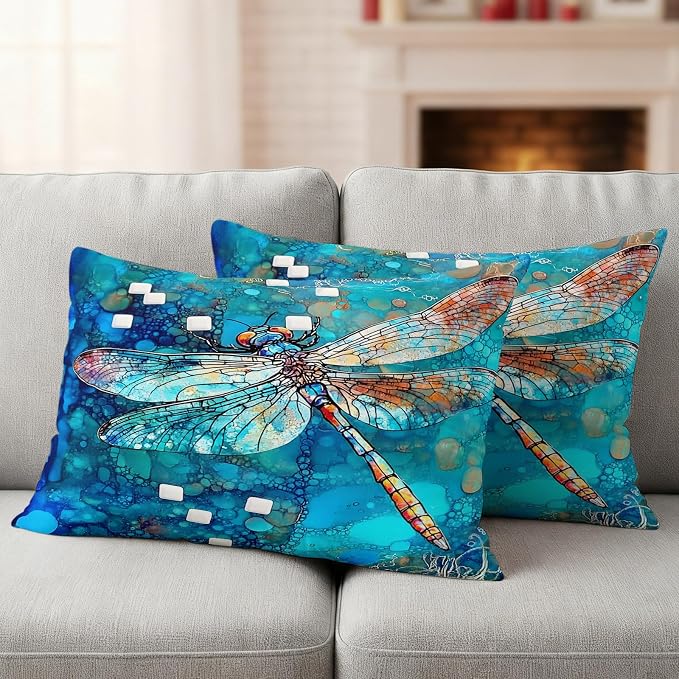 Blue Dragonfly Outdoor Pillow Covers Set of 2 Country Vintage Watercolor Dragonfly Wings Waterproof Throw Pillow Cover Decorative Cushion Cases for Patio Porch Garden 20X12 Inch
