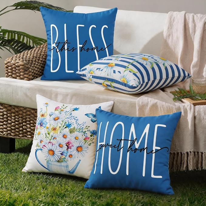 cygnus Spring Summer Waterproof Outdoor Pillow Covers 18x18 Inch Set of 4 Home Sweet Home Bless Daisy Striped Outdoor Pillows for Patio Furniture Garden Bench Proch Balcony,Blue
