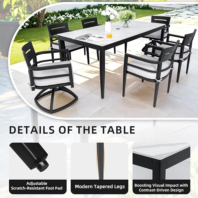 7PC Aluminum Outdoor Patio Dining Set, 71" Rectangular Dining Table with White Marble Pattern Sintered Stone Top, 4 Chairs & 2 Cushioned Swivel Rockers, All-Weather Patio Furniture