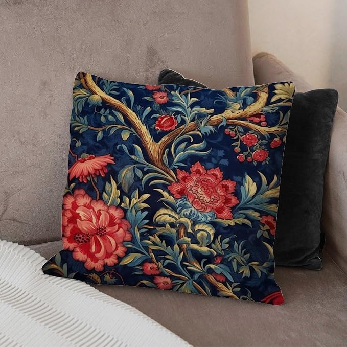 Navy Blue Floral Botanical Pillow Cover Burgundy Gold Olive Throw Pillow Cover Rustic Throw Pillow Covers Farmhouse Decorative for Couch Garden Tent Balcony 16x16 in