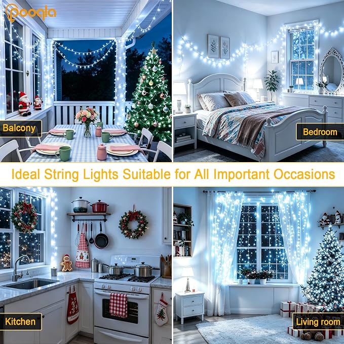 200 LED Cool White Christmas Lights Outdoor String Lights, 66 ft | Green Wire Waterproof Twinkle Fairy Lights Plug in with Timer, 8 Modes String Lights Indoor Bedroom Classroom Decor