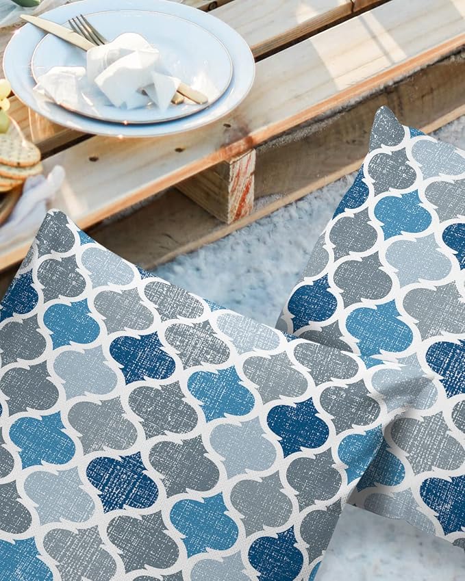 Morocco Outdoor Pillow Shams Set of 2, Decorative Pillowcases Cushion Case, Soft Throw Pillow Covers Waterproof Pillow Case 20x20 Inch, Blue Grey Geometry Retro