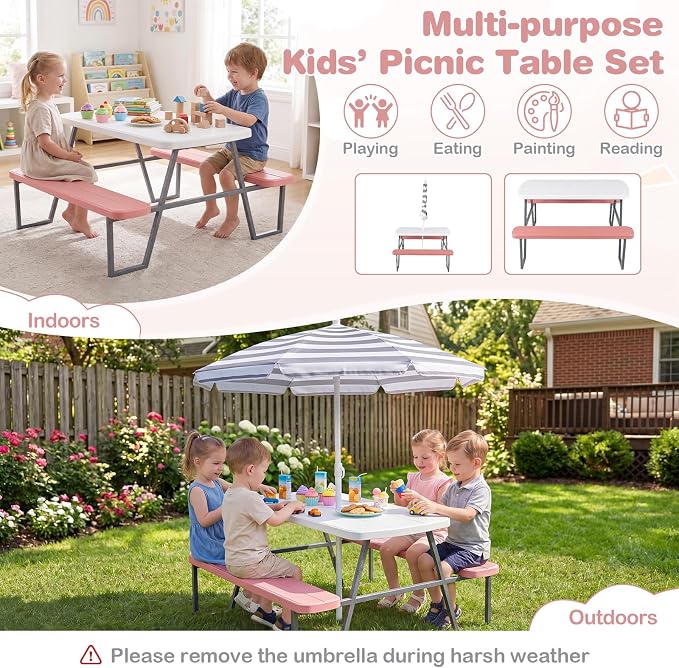 Costzon Kids Picnic Table, Toddler Outdoor Table & Bench Set with Removable Umbrella, HDPE Tabletop, Metal Frame, Kids Outdoor Furniture for Patio Backyard Garden, Fits 4 Children Age 3+ (Pink)