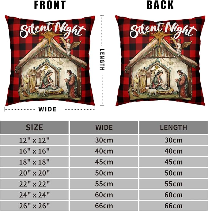 Xmas O Holy Night Silent Night Throw Pillow Covers Jesus Nativity Pillow Case Red Buffalo Plaid Christmas Pillow Covers 20x20 Set of 2 for Living Room Couch Bedroom