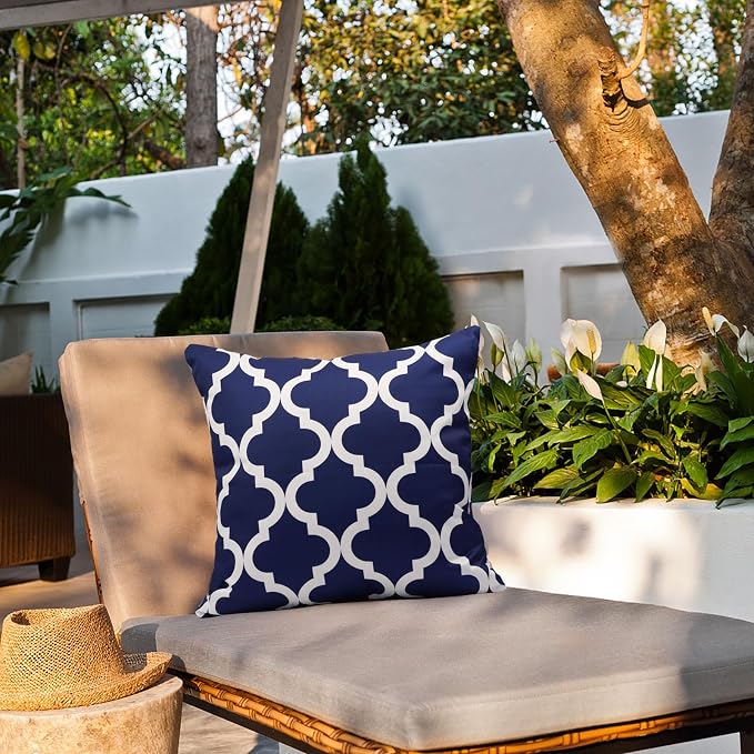 Pack of 2 Outdoor Waterproof Throw Pillow Covers 18x18 Navy Blue and White Throw Pillow Covers Outdoor Pillows Covers for Patio Furniture Garden Balcony Sunbrella Outside(No Pillow Insert)