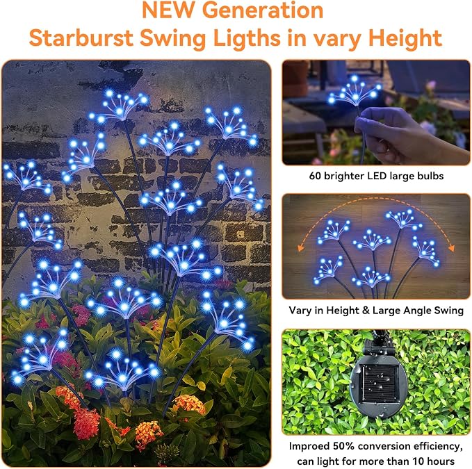 Solar Garden Lights 2 Pack Waterproof Solar Swaying Starburst Light Outdoor Lights for Yard Patio Walkway Pathway Party Wedding Christmas Decorative, Blue