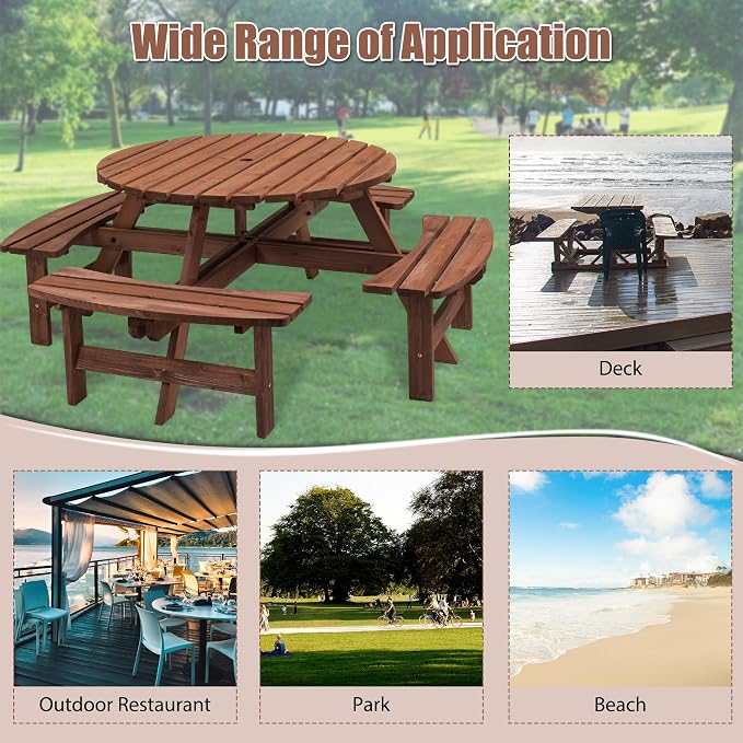 8 Person Outdoor Picnic Table with 4 Built-in Benches Round Wood Picnic Table with Umbrella Hole, Outside Picnic Tables and Bench Set for Garden,Patio, Backyard,2220LBS Total Capacity,Walnut Brown