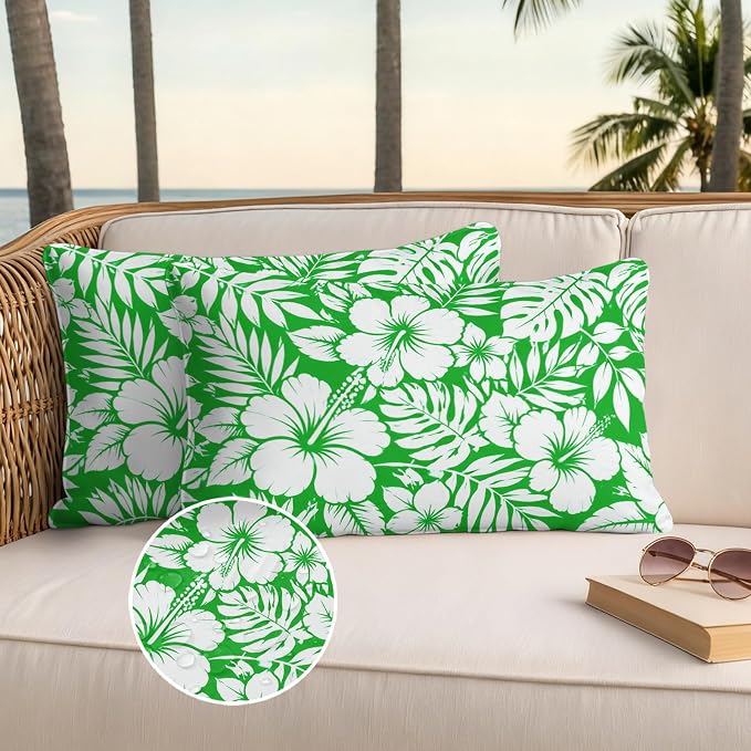 Green Hibiscus Flowers Waterproof Outdoor Pillow Covers Set of 2 Home Decor, Tropical Monstera Leaves Lumbar Pillowcase Patio Pillow Covers for Couch Bench Patio Furniture Garden 20x12in