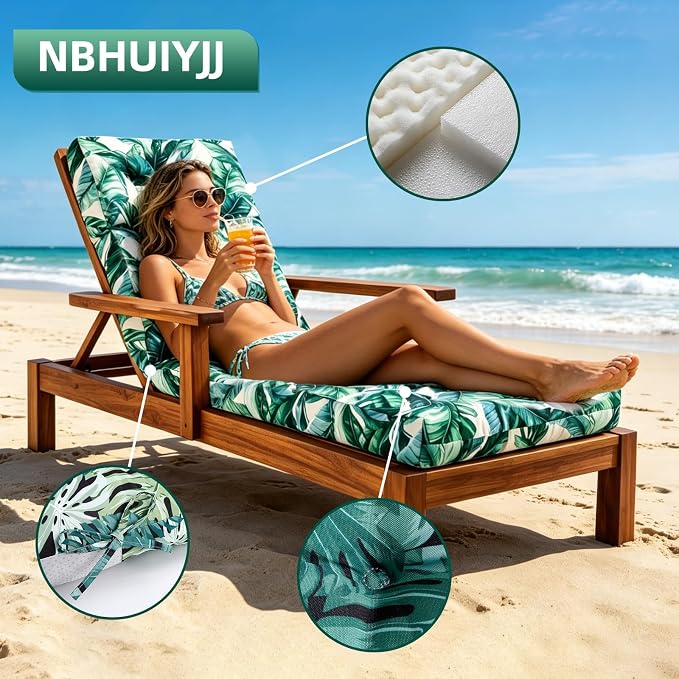 Patio Chaise Lounge Cushions, 70.5"x21"x4" Waterproof Replacement Beach Pool Lawn Outdoor Lounge Chair Cushion, Non-Slip Bottom & Secure Ties for Outdoor Furniture，Agave, 1Count