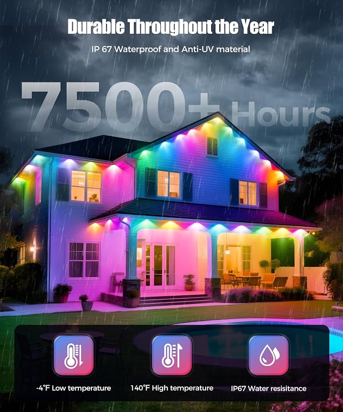 POOFZY Permanent Outdoor Lights for House,200ft RGB+IC Smart Outdoor Decor, 50 Scene Modes,App/Remote Control,IP67 Waterproof,for Christmas,Easter,V-Day,Thanksgiving,Daily & Holiday Party Decor