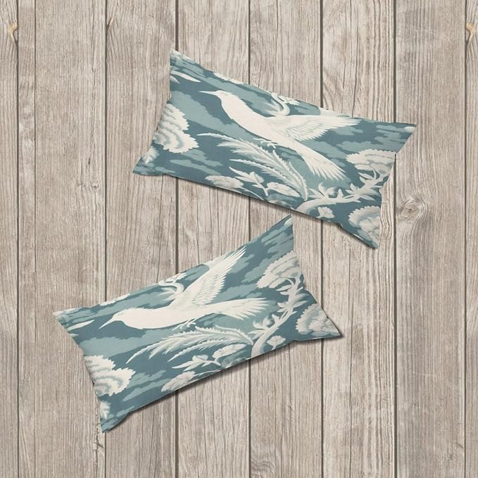 Set of 2 Blue Turquoise and White Birds Plant Pillow Covers 12x24in Farmhouse Canvas Cushion Covers Outdoor for Couch Chair Home Decor for Family Friends