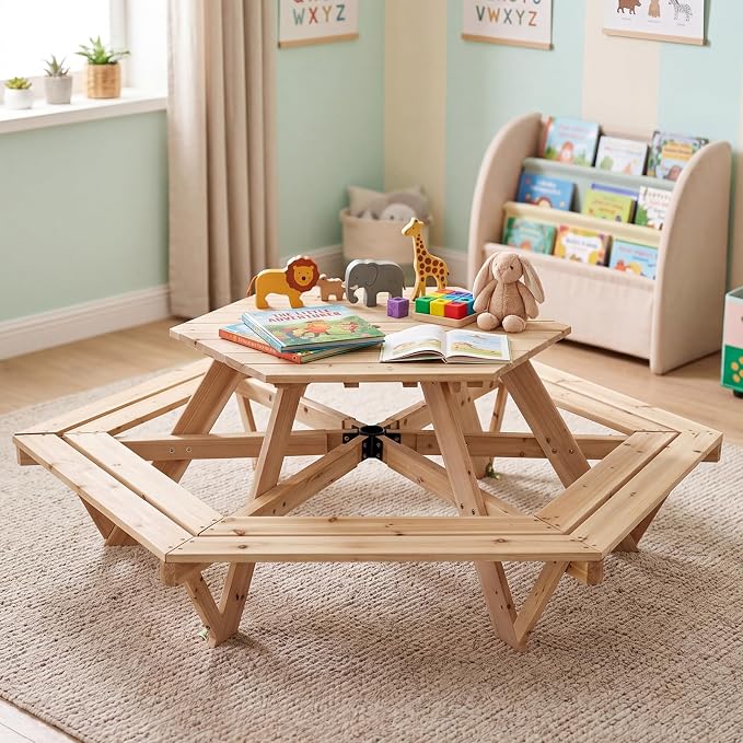HONEY JOY Kids Picnic Table, Hexagonal Toddler Outdoor Table and Chair Set, 6 Built-in Benches, Removable Umbrella, Fir Wood Children Backyard Furniture for Patio Garden Deck Poolside, Natural