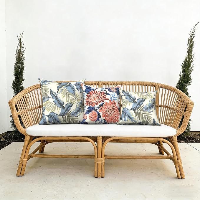 Outdoor Pillow Covers Waterproof 20x20 Inch Set of 2 Lush Palm Blue Decorative Outside Patio Furniture Cushion Cases Decor for Porch Garden