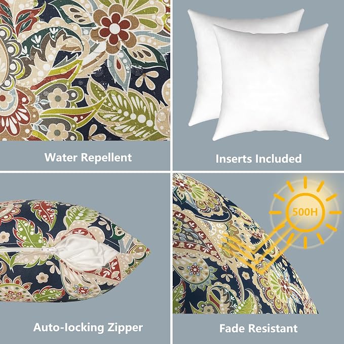 LVTXIII 2 Pack Outdoor Pillows 18x18 Inch, Square Throw Pillows with Inserts, Decorative Water-Repellent Pillow Cushions for Patio Furniture and Garden Sofa, Paisley Bloom