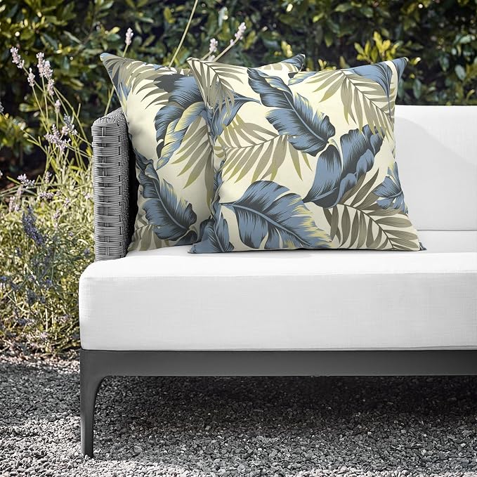 Outdoor Throw Pillows 16x16 Inch, Water Repellent Patio Pillows with Inners Set of 2 for Patio Furniture Home Graden, ‌Lush Palm Blue