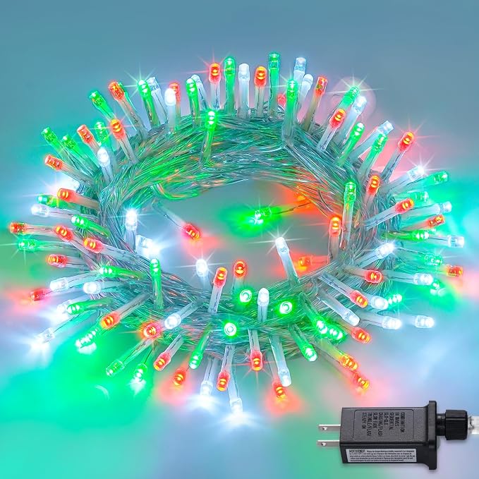 JMEXSUSS Connectable Red White and Green Christmas Lights | 8 Modes 100 LED Twinkle String Lights Indoor, Clear Wire Plug-in Xmas Lights Outdoor Waterproof