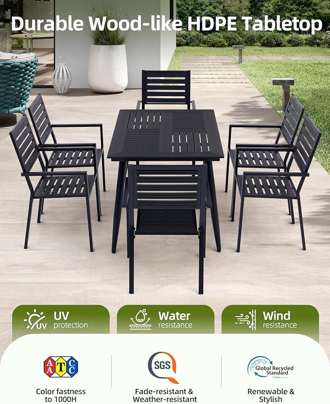 5-Piece Outdoor Dining Set - All-Weather HDPE Patio Table and 4 Stackable Chairs with Rust-Proof Steel Frame, Space-Saving Patio Furniture Set for Backyard (Black)