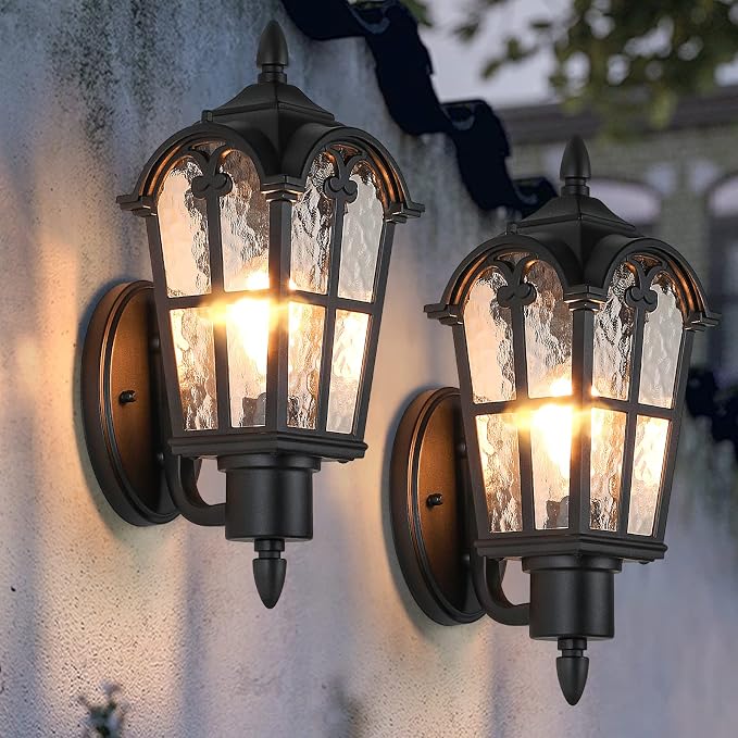 16’’ Large Outdoor Wall Light Fixtures, Exterior Wall Lantern Sconces | Waterproof, Rust-resistant, Matte Black, Water Ripple Glass, Quick & Easy Installation, Retro & Traditional