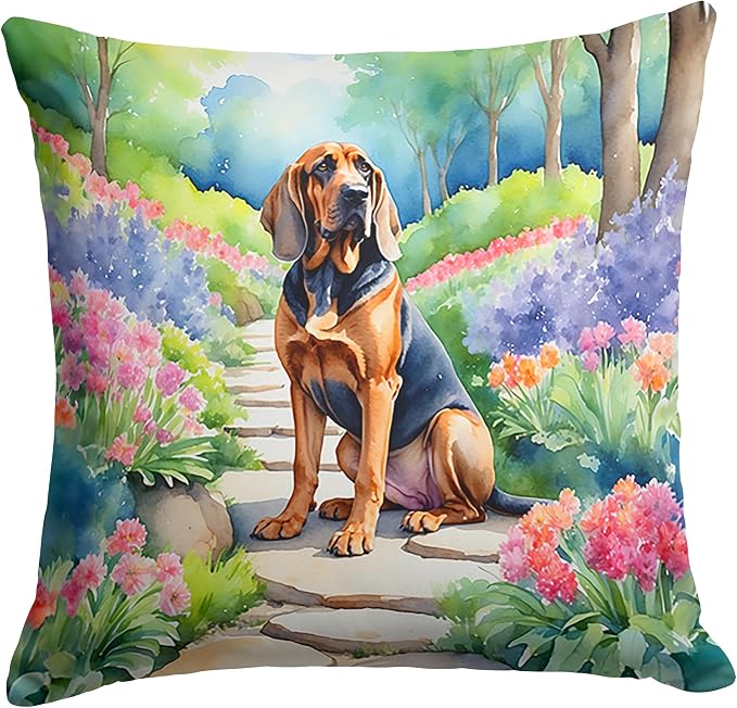 Caroline's Treasures Bloodhound Spring Path Throw Pillow Machine Washable, Indoor Outdoor Decorative Pillow for Couch, Bed or Patio, 14Hx14W