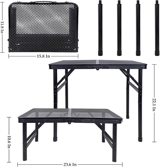 FORUP Small Folding Table, Camping Table with Mesh Desktop, Portable Picnic Table with Carry Handle, Height Adjustable Portable Grill Table for Outside Inside Use