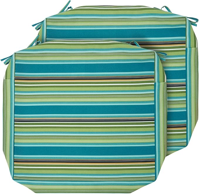 Magpie Fabrics Indoor Outdoor Cushion Cover Replacement 2 Pack, NO Insert! Water Repellent Slipcover with Ties Decor for Patio Garden Chair Sofa Bench Wicker(Green Striped, 24x22x4 Inch)