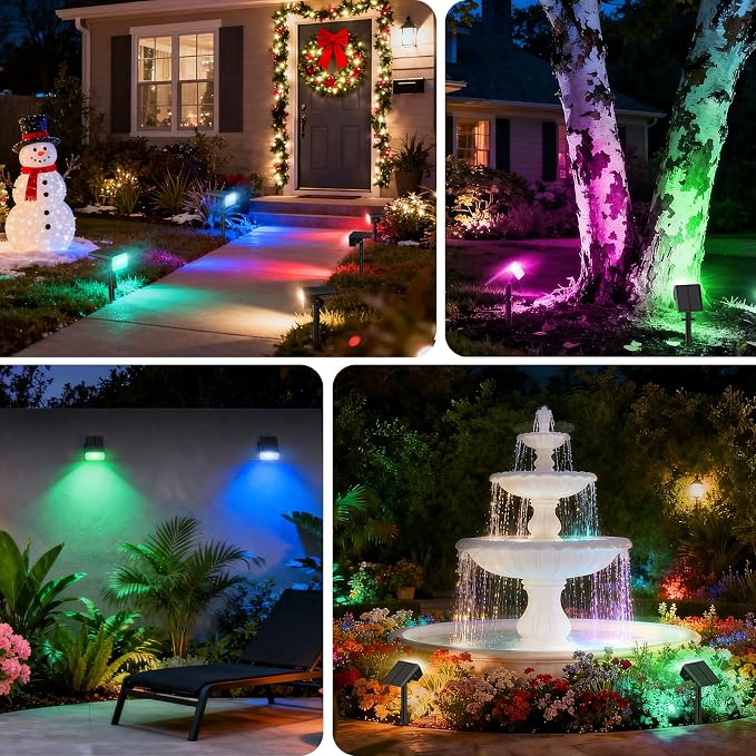 Solar Color Changing Spot Lights Outdoor, 4 Pack Solar Landscape Lights with 32 LEDs Each, 7 Lighting Modes, IP65 Waterproof, 2-in-1 Adjustable Solar Spotlights for Yard Garden Pathway Driveway