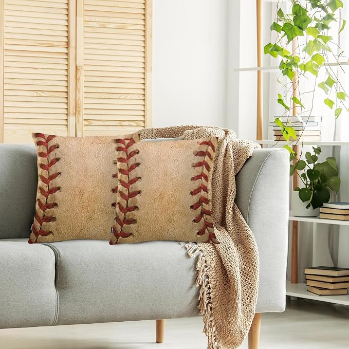 Swono Pillow Covers 18X18 Inch Set of 2 Baseball Throw Pillow Cases Sport Leather Baseball Worn Ball Pillowcase Cushion Cover Decorative for Indoor Outdoor Home Sofa Bedroom Livingroom, Brown
